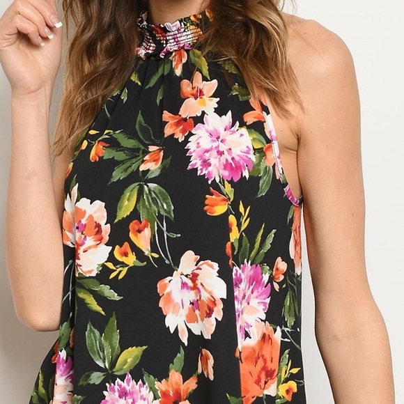 βDONATEDβBlack Floral Elastic Mock Neck Sleeveless Tunic Top - Picture 2 of 9